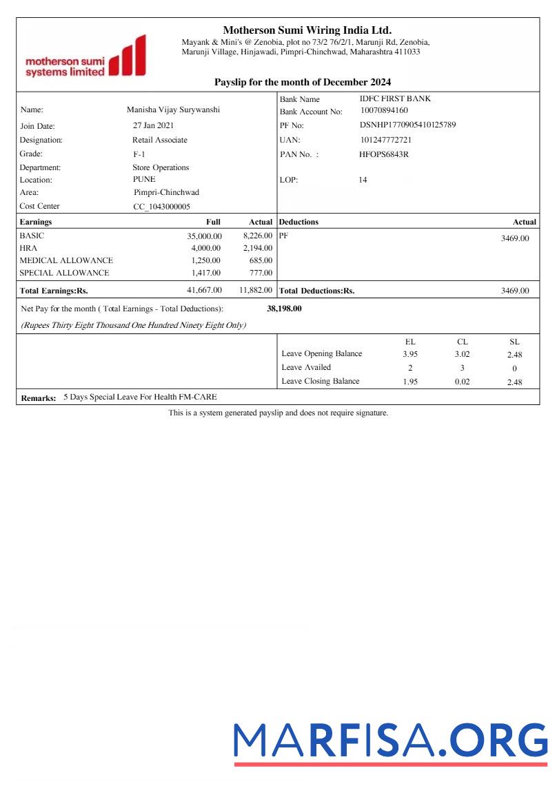 Downloadable Motherson Sumi Wiring harness payslip sample